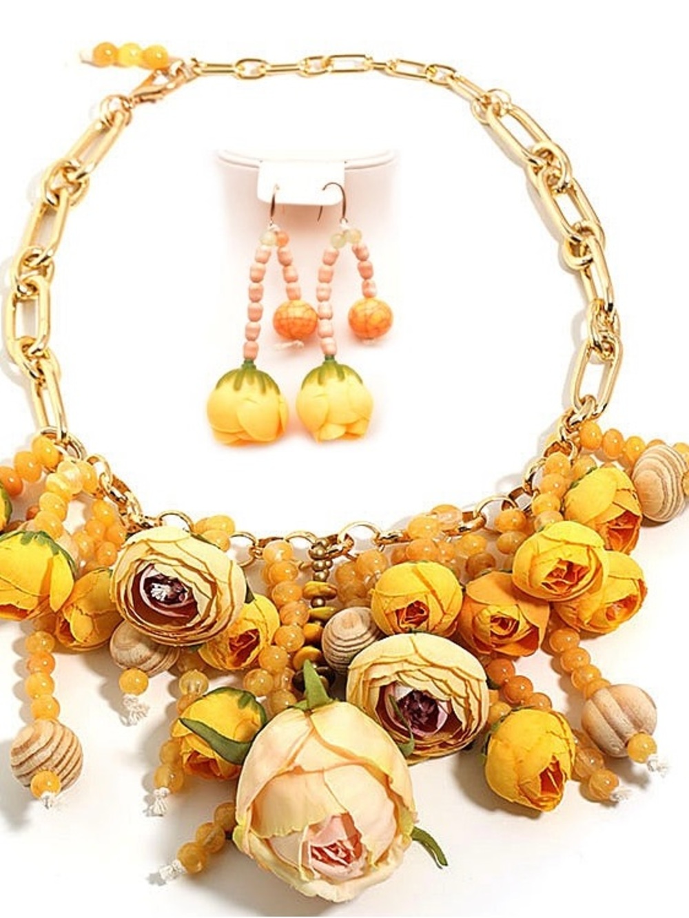 Statement Yellow Floral Cluster Necklace and Earring Set